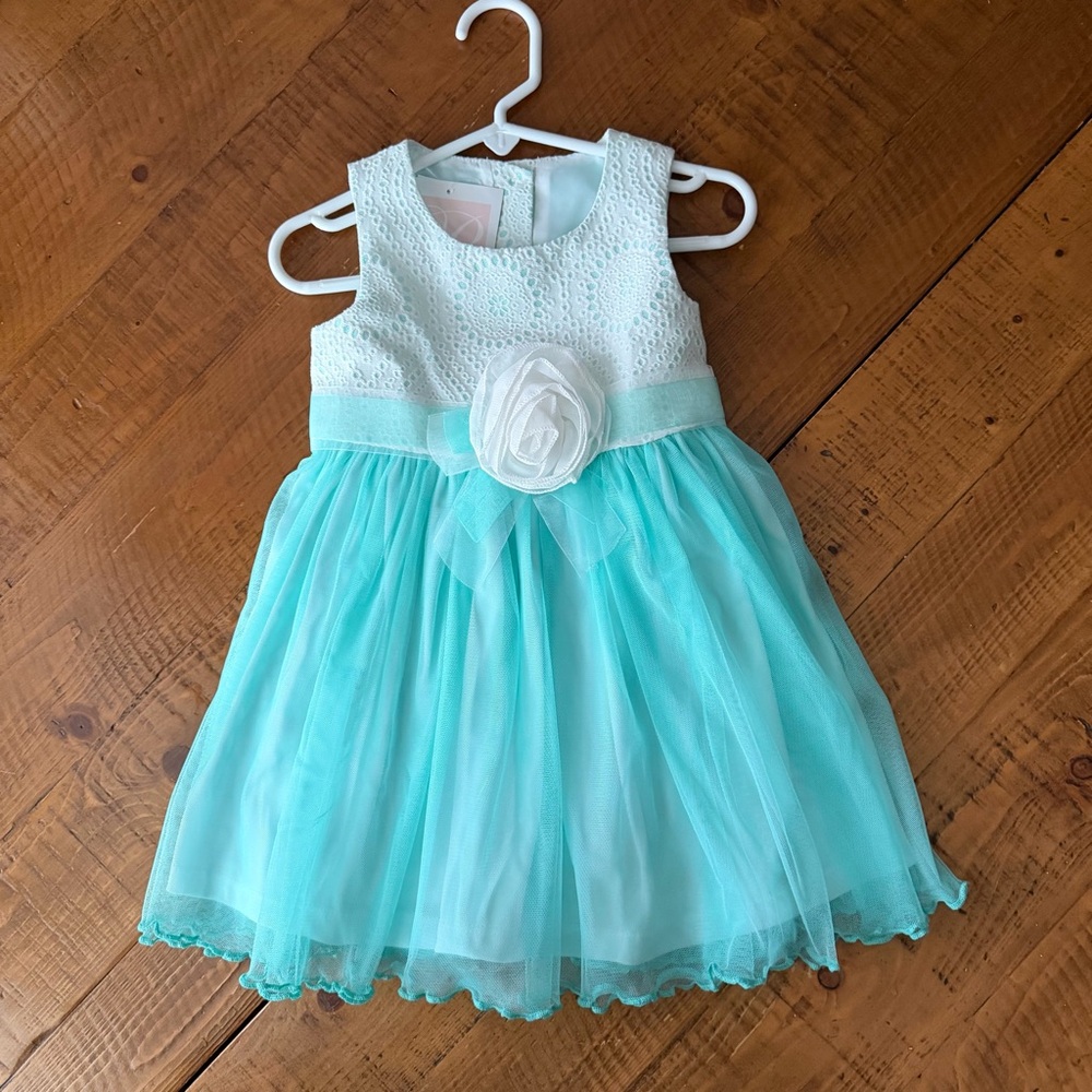 Bonnie Baby Spring/ Summer White and Aqua Formal Toddler Dress, 24 months, NWT’s